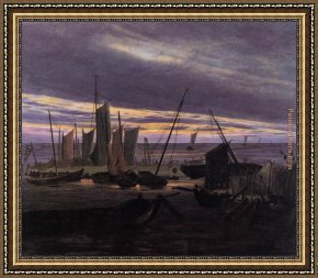 Friedrich Bamberger Framed Paintings - Boats in the Harbour at Evening by Caspar David Friedrich