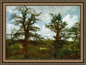 Friedrich Bamberger Framed Paintings - Landscape with Oak Trees and a Hunter by Caspar David Friedrich