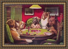 Song of The Dog Framed Paintings - Dogs Playing Poker by Cassius Marcellus Coolidge