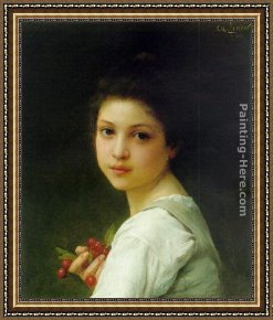 Young Girl Reading Framed Paintings - Portrait of a young girl with cherries by Charles Amable Lenoir