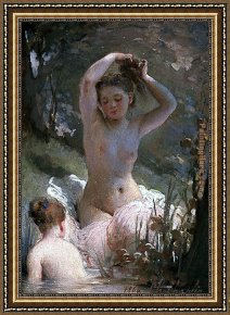 Girl at Piano Framed Paintings - Two Girls Bathing by Charles Chaplin