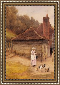 Feeding Framed Paintings - Feeding Chickens by Charles Edward Wilson