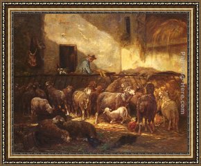 A Shepherd And His Dog Guarding a Flock of Sheep Framed Paintings - A Flock Of Sheep In A Barn by Charles Emile Jacque