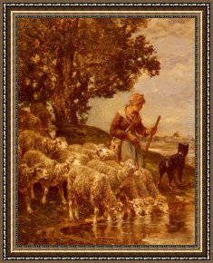 Calves Watering Framed Paintings - A Shepherdess Watering Her Flock by Charles Emile Jacque