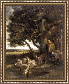 Pools of Serenity Framed Paintings - A Shepherdess with Her Flock by a Pool by Charles Emile Jacque