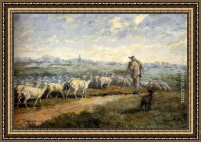 A Shepherd And His Dog Guarding a Flock of Sheep Framed Paintings - Landscape with a Flock of Sheep by Charles Emile Jacque