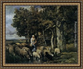 Calves Watering Framed Paintings - Shepherdess watering flock by Charles Emile Jacque