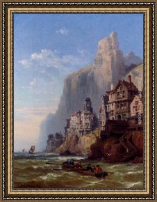 Out on The Town Framed Paintings - Rowing Out At A Coastal Town by Charles Euphrasie Kuwasseg