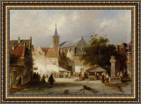 Out on The Town Framed Paintings - A Busy Market in a Dutch Town by Charles Henri Joseph Leickert