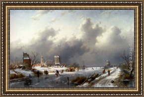 A Winter Landscape with Skaters Near a Village Framed Paintings - A Frozen Winter Landscape With Skaters by Charles Henri Joseph Leickert