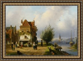 Village Street And Stairs with Figures Framed Paintings - A Town View with Figures by a Market Street Stall by Charles Henri Joseph Leickert