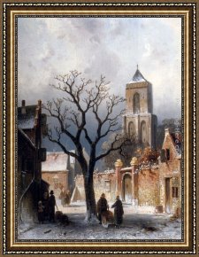 Snow Framed Paintings - A Village Snow Scene by Charles Henri Joseph Leickert