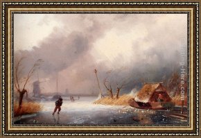 A Winter Landscape with Skaters Near a Village Framed Paintings - A Winter Landscape With Skaters On A Frozen Waterway by Charles Henri Joseph Leickert