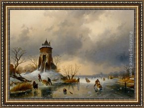 A Winter Landscape with Skaters Near a Village Framed Paintings - A Winter Landscape with Skaters on the Ice by Charles Henri Joseph Leickert