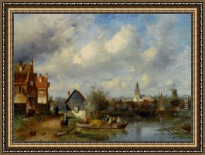 Village Street And Stairs with Figures Framed Paintings - Figures on a Barge Near a Winterside Village by Charles Henri Joseph Leickert