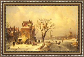 A Winter Landscape with Skaters Near a Village Framed Paintings - Skaters in a Frozen Winter Landscape by Charles Henri Joseph Leickert