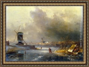 A Winter Landscape with Skaters Near a Village Framed Paintings - Winter Landscape with Skaters on a Frozen River by Charles Henri Joseph Leickert