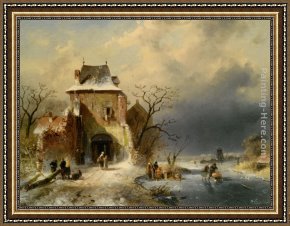 A Farmyard Scene in Winter Framed Paintings - Winter Scene with Figures by Charles Henri Joseph Leickert