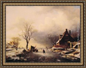 A Farmyard Scene in Winter Framed Paintings - Winter Scene with Skaters by Charles Henri Joseph Leickert