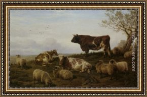Cattle in a Pasture Framed Paintings - Cattle and Sheep Resting by Charles Jones