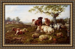 Cattle in a Pasture Framed Paintings - Resting Cattle, Sheep And Deer, A Farm Beyond by Charles Jones