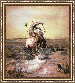 Riders Framed Paintings - A Slick Rider by Charles Marion Russell