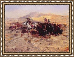 Hunt Framed Paintings - Buffalo Hunt by Charles Marion Russell