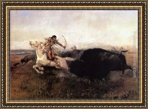 A Hunting Morn Framed Paintings - Indians Hunting Buffalo by Charles Marion Russell