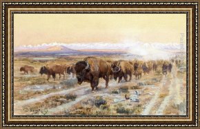 Western Trail - The Rockies Framed Paintings - The Bison Trail by Charles Marion Russell