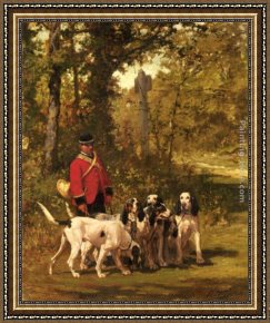 Western Trail - The Rockies Framed Paintings - A Huntmaster with his Dogs on a Forest Trail by Charles Olivier De Penne