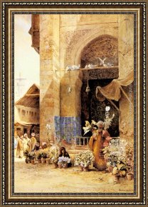 The Slave Market Framed Paintings - The Flower Market, Damascus by Charles Robertson