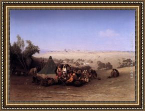 The Encampment Framed Paintings - An Rab Encampment On The Mount Of Olives With Jerusalem Beyond by Charles Theodore Frere