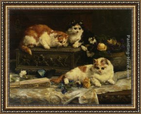 Eycken Framed Paintings - The Three Kittens by Charles van den Eycken