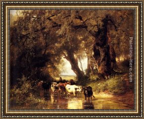 Cattle Watering at Dusk Framed Paintings - Cattle Watering by Christian Friedrich Mali