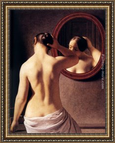Venus in Front of The Mirror Framed Paintings - Woman Standing In Front Of A Mirror by Christoffer Wilhelm Eckersberg