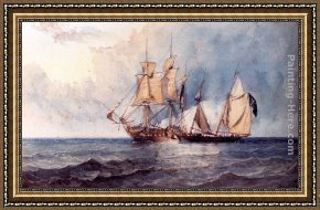 Man with Scythe Framed Paintings - A Man-O-War And Pirate Ship At Full Sail On Open Seas by Clarkson Stanfield