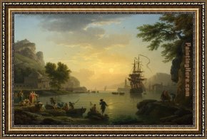 Vernet Framed Paintings - A Landscape at Sunset by Claude-Joseph Vernet