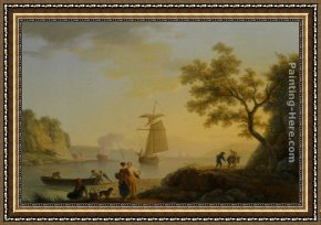 Vernet Framed Paintings - An Extensive Coastal Landscape with Fishermen Unloading their Boats and Figures Conversing in the Foreground by Claude-Joseph Vernet