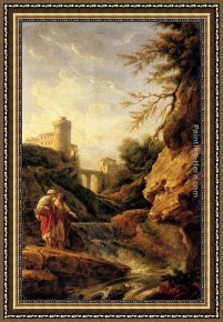 Vernet Framed Paintings - Two female peasants by a waterfall, a town and aqueduct beyond by Claude-Joseph Vernet