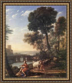 Apollo Framed Paintings - Landscape with Apollo Guarding the Herds of Admetus by Claude Lorrain