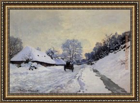 Pheasants in The Snow Framed Paintings - A Cart on the Snow Covered Road with Saint-Simeon Farm by Claude Monet