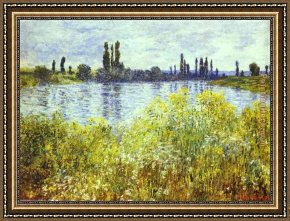 Bank Framed Paintings - Bank of the Seine Vetheuil by Claude Monet