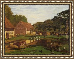 Ponies, a Calf And Poultry in a Farmyard Framed Paintings - Farmyard in Normandy by Claude Monet