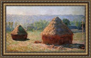 Summer Framed Paintings - Grainstacks At The End Of Summer Morning Effect by Claude Monet
