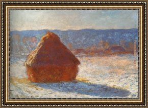 Pheasants in The Snow Framed Paintings - Haystack snow effect by Claude Monet