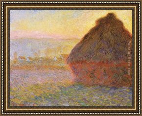 Golden Sunset Framed Paintings - Haystacks, sunset by Claude Monet