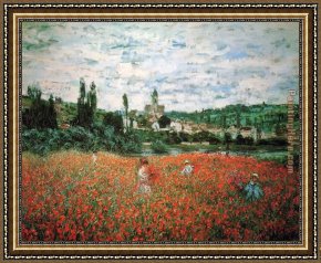 Jaune Poppy Framed Paintings - Poppy Field near Vetheuil by Claude Monet