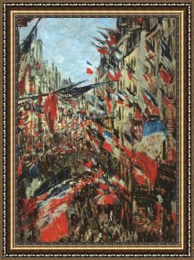 Rue De Louvre Framed Paintings - Rue Montargueil with Flags by Claude Monet