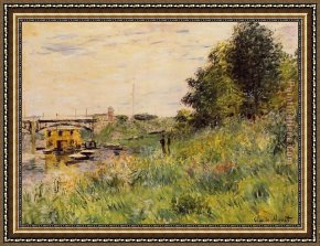 Bank Framed Paintings - The Banks of the Seine at the Argenteuil Bridge by Claude Monet