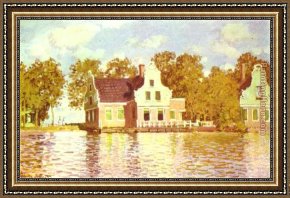 Houses in France Framed Paintings - The House on the River Zaan in Zaandam by Claude Monet